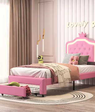 Gewatteerd Kinderbed / Jeugdbed met Kroonhoofdbord en LED – PU-Leren Bedframe met Lades