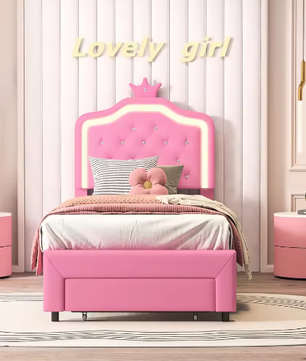 Gewatteerd Kinderbed / Jeugdbed met Kroonhoofdbord en LED – PU-Leren Bedframe met Lades