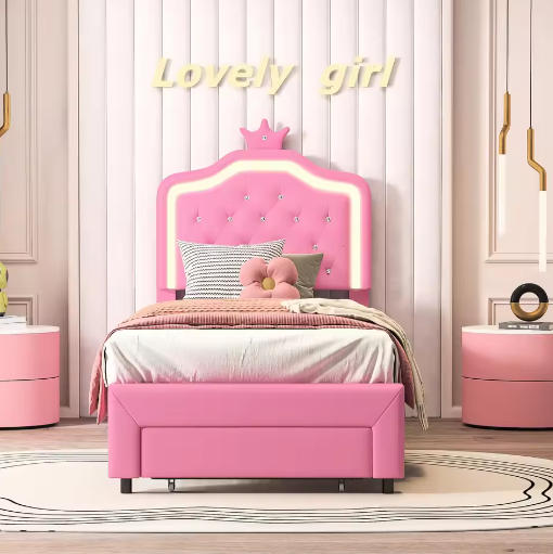 Gewatteerd Kinderbed / Jeugdbed met Kroonhoofdbord en LED – PU-Leren Bedframe met Lades