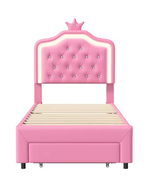 Gewatteerd Kinderbed / Jeugdbed met Kroonhoofdbord en LED – PU-Leren Bedframe met Lades