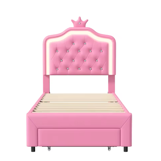 Gewatteerd Kinderbed / Jeugdbed met Kroonhoofdbord en LED – PU-Leren Bedframe met Lades