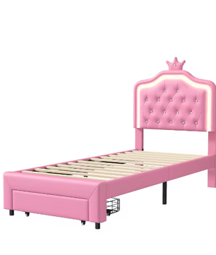 Gewatteerd Kinderbed / Jeugdbed met Kroonhoofdbord en LED – PU-Leren Bedframe met Lades