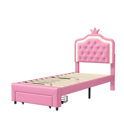 Gewatteerd Kinderbed / Jeugdbed met Kroonhoofdbord en LED – PU-Leren Bedframe met Lades