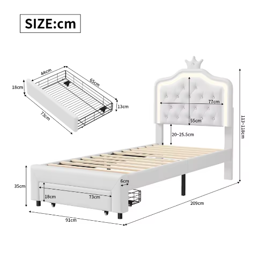 Gewatteerd Kinderbed / Jeugdbed met Kroonhoofdbord en LED – PU-Leren Bedframe met Lades