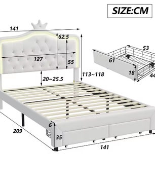 Gewatteerd Kinderbed / Jeugdbed met Kroonhoofdbord en LED – PU-Leren Bedframe met Lades