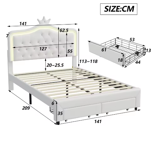 Gewatteerd Kinderbed / Jeugdbed met Kroonhoofdbord en LED – PU-Leren Bedframe met Lades