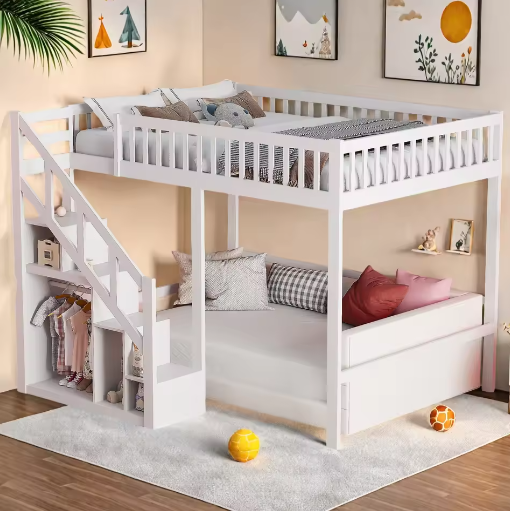 Houten Kinderbed 90×200 cm met Opbergtrap en Valbeveiliging – Massief Eenpersoonsbed