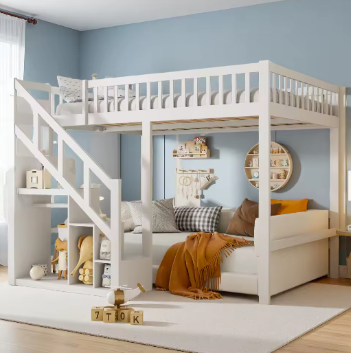 Houten Kinderbed 90×200 cm met Opbergtrap en Valbeveiliging – Massief Eenpersoonsbed