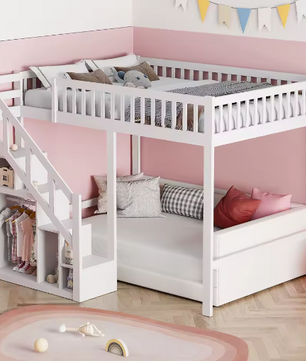 Houten Kinderbed 90×200 cm met Opbergtrap en Valbeveiliging – Massief Eenpersoonsbed