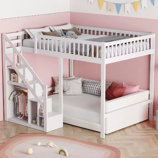 Houten Kinderbed 90×200 cm met Opbergtrap en Valbeveiliging – Massief Eenpersoonsbed