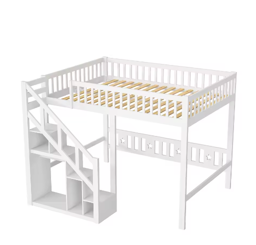 Houten Kinderbed 90×200 cm met Opbergtrap en Valbeveiliging – Massief Eenpersoonsbed