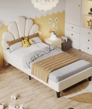 Gestoffeerd Kinder- en Jeugdbed met Bloemhoofdbord – Fluweel Bedframe