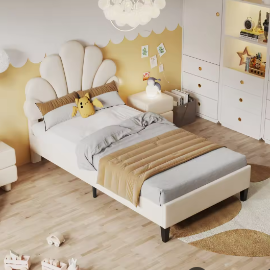 Gestoffeerd Kinder- en Jeugdbed met Bloemhoofdbord – Fluweel Bedframe