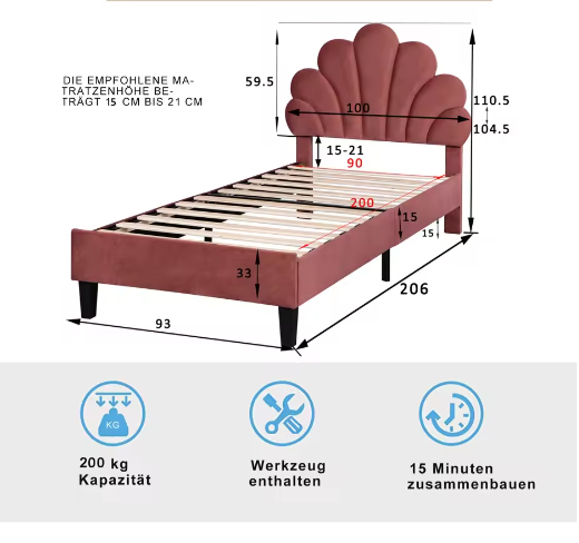 Gestoffeerd Kinder- en Jeugdbed met Bloemhoofdbord – Fluweel Bedframe
