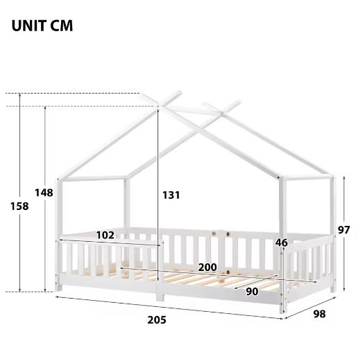 0x200 cm Kinderbed met Dak – Massief Houten Huisbed met Valbeveiliging en Opbergruimte voor Jongens en Meisjes