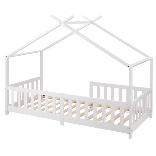 0x200 cm Kinderbed met Dak – Massief Houten Huisbed met Valbeveiliging en Opbergruimte voor Jongens en Meisjes