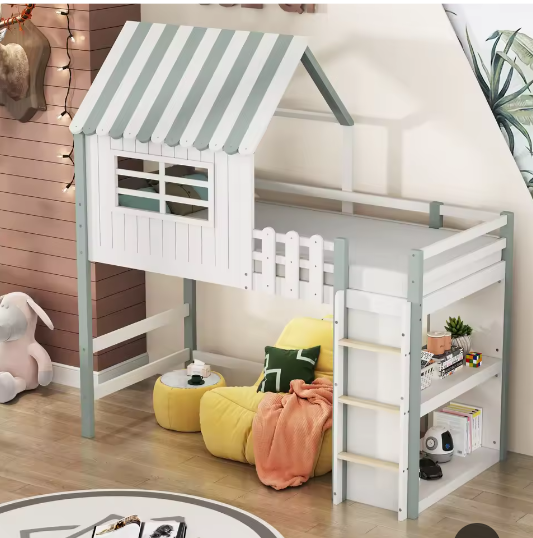 Kinderbed 90×200 cm Hoog en Laag – Huisbed met Dakvorm en Veiligheidsladder
