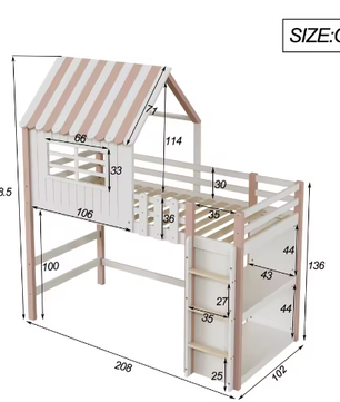 Kinderbed 90×200 cm Hoog en Laag – Huisbed met Dakvorm en Veiligheidsladder