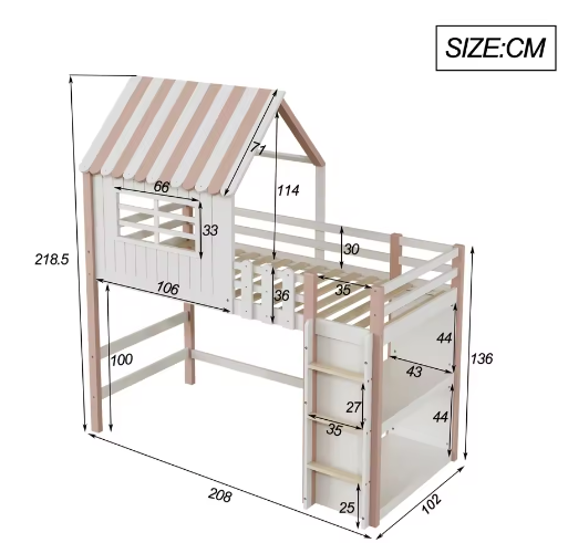 Kinderbed 90×200 cm Hoog en Laag – Huisbed met Dakvorm en Veiligheidsladder