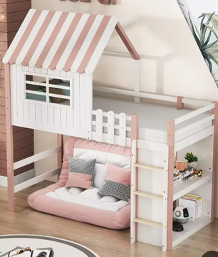Kinderbed 90×200 cm Hoog en Laag – Huisbed met Dakvorm en Veiligheidsladder