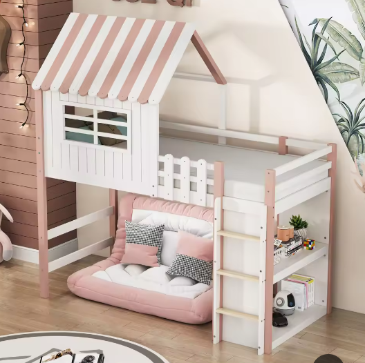 Kinderbed 90×200 cm Hoog en Laag – Huisbed met Dakvorm en Veiligheidsladder