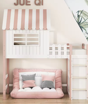 Kinderbed 90×200 cm Hoog en Laag – Huisbed met Dakvorm en Veiligheidsladder