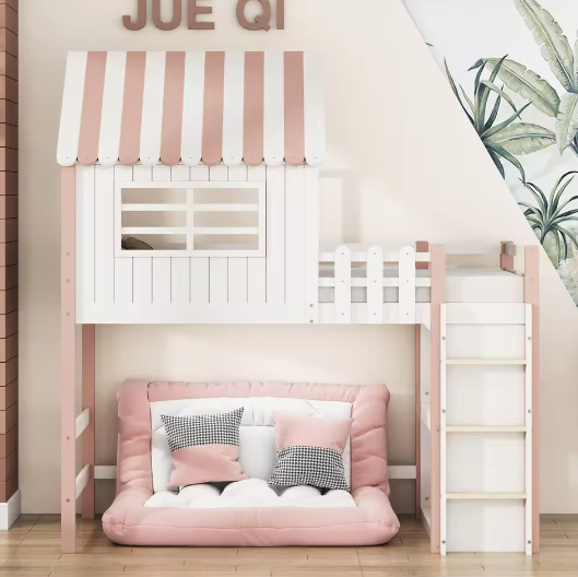 Kinderbed 90×200 cm Hoog en Laag – Huisbed met Dakvorm en Veiligheidsladder