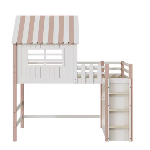Kinderbed 90×200 cm Hoog en Laag – Huisbed met Dakvorm en Veiligheidsladder