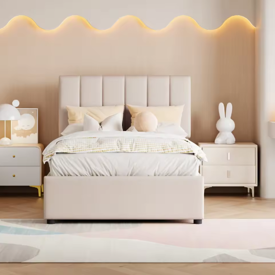 Gestoffeerd Kinderbed 90×200 cm met Verstelbaar Hoofdeinde en Opbergruimte – Linnen Eenpersoonsbed