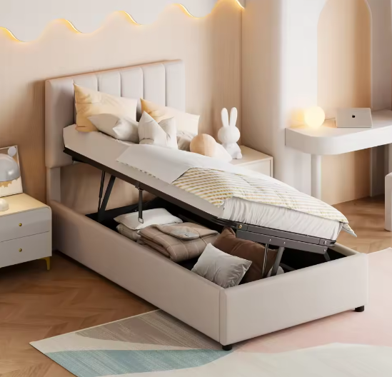 Gestoffeerd Kinderbed 90×200 cm met Verstelbaar Hoofdeinde en Opbergruimte – Linnen Eenpersoonsbed