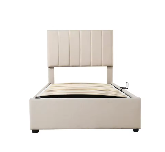 Gestoffeerd Kinderbed 90×200 cm met Verstelbaar Hoofdeinde en Opbergruimte – Linnen Eenpersoonsbed