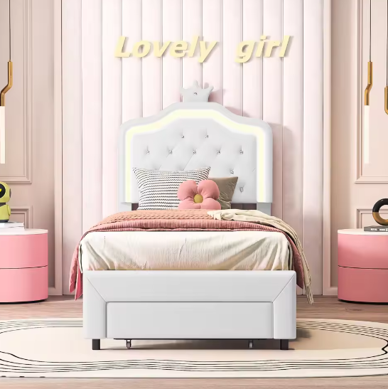 Kinderbed 90×200 cm met Lade en LED – PU-Gestoffeerd Eenpersoonsbed met Kroonhoofdeinde