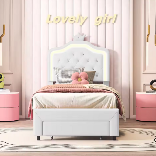 Kinderbed 90×200 cm met Lade en LED – PU-Gestoffeerd Eenpersoonsbed met Kroonhoofdeinde