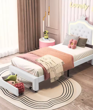 Kinderbed 90×200 cm met Lade en LED – PU-Gestoffeerd Eenpersoonsbed met Kroonhoofdeinde