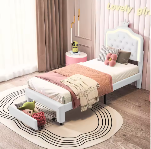 Kinderbed 90×200 cm met Lade en LED – PU-Gestoffeerd Eenpersoonsbed met Kroonhoofdeinde