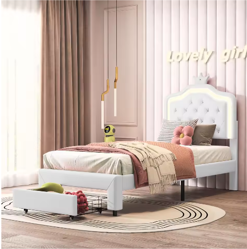 Kinderbed 90×200 cm met Lade en LED – PU-Gestoffeerd Eenpersoonsbed met Kroonhoofdeinde