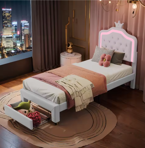 Kinderbed 90×200 cm met Lade en LED – PU-Gestoffeerd Eenpersoonsbed met Kroonhoofdeinde