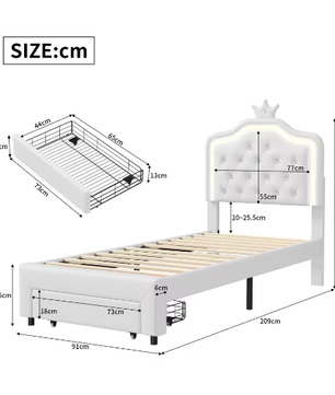 Kinderbed 90×200 cm met Lade en LED – PU-Gestoffeerd Eenpersoonsbed met Kroonhoofdeinde