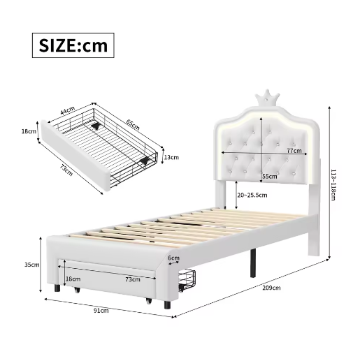 Kinderbed 90×200 cm met Lade en LED – PU-Gestoffeerd Eenpersoonsbed met Kroonhoofdeinde