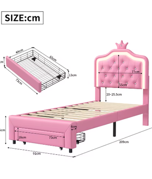 Kinderbed 90×200 cm met Lade en LED – PU-Gestoffeerd Eenpersoonsbed met Kroonhoofdeinde