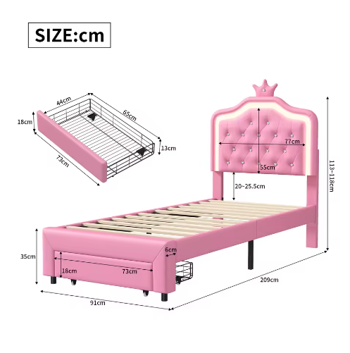 Kinderbed 90×200 cm met Lade en LED – PU-Gestoffeerd Eenpersoonsbed met Kroonhoofdeinde