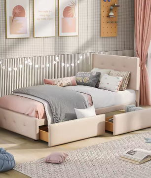 Gestoffeerd Kinderbed 90×200 cm met Twee Lades – Eenpersoons Jeugdbed / Logeerbed