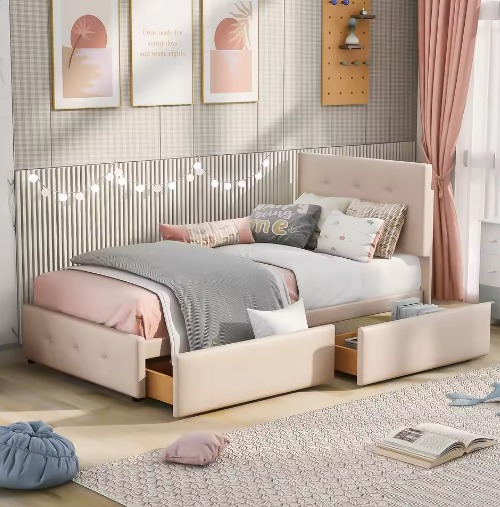 Gestoffeerd Kinderbed 90×200 cm met Twee Lades – Eenpersoons Jeugdbed / Logeerbed