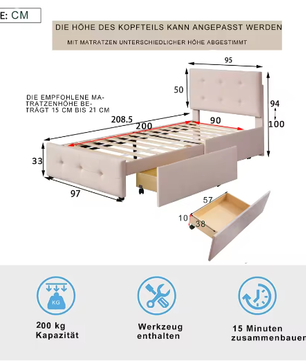 Gestoffeerd Kinderbed 90×200 cm met Twee Lades – Eenpersoons Jeugdbed / Logeerbed