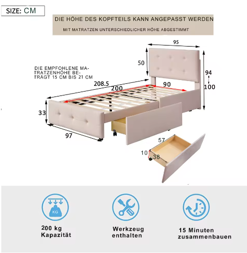 Gestoffeerd Kinderbed 90×200 cm met Twee Lades – Eenpersoons Jeugdbed / Logeerbed