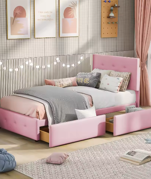 Gestoffeerd Kinderbed 90×200 cm met Twee Lades – Eenpersoons Jeugdbed / Logeerbed