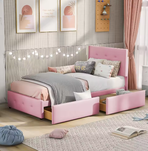 Gestoffeerd Kinderbed 90×200 cm met Twee Lades – Eenpersoons Jeugdbed / Logeerbed