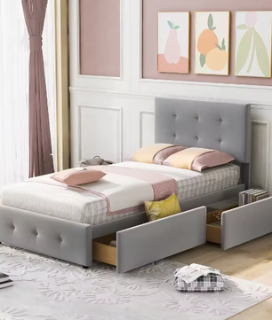 Gestoffeerd Kinderbed 90×200 cm met Twee Lades – Eenpersoons Jeugdbed / Logeerbed