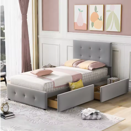 Gestoffeerd Kinderbed 90×200 cm met Twee Lades – Eenpersoons Jeugdbed / Logeerbed