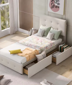Gestoffeerd Kinderbed 90×200 cm met Twee Lades – Eenpersoons Jeugdbed / Logeerbed